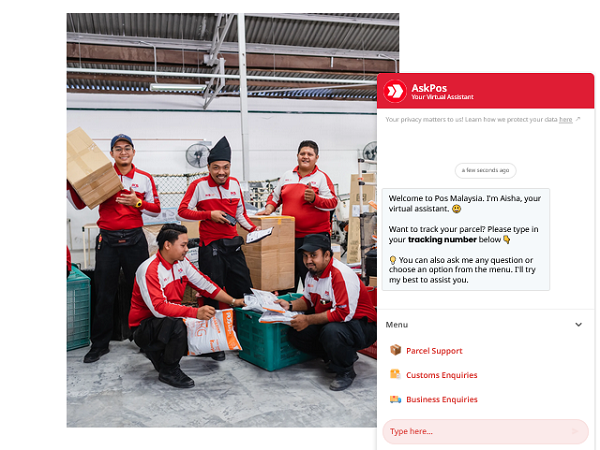 Pos Malaysia's AI customer assistant 'Aisha'... and human workers with packages