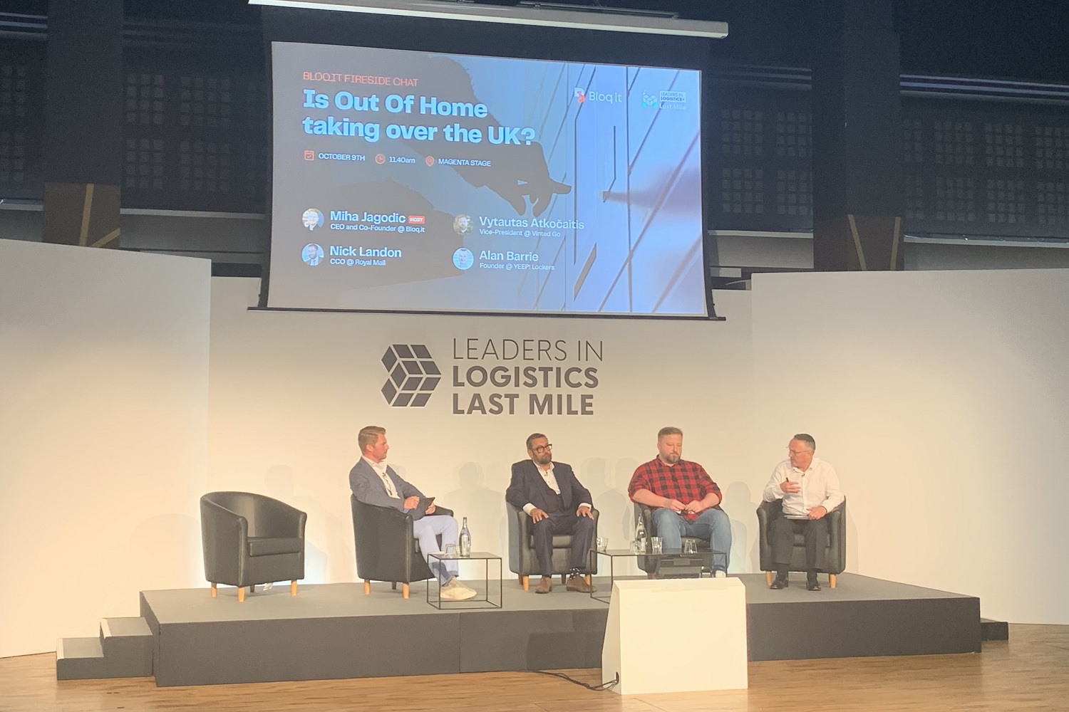 Miha Jagodic (Bloq.it), Nick Landon (Royal Mail), Vytautas Atkocaitis (Vinted GO) and Alan Barrie (YEEP! Lockers) at a panel discussion at Leaders in Logistics - Last Mile Conference 2024 