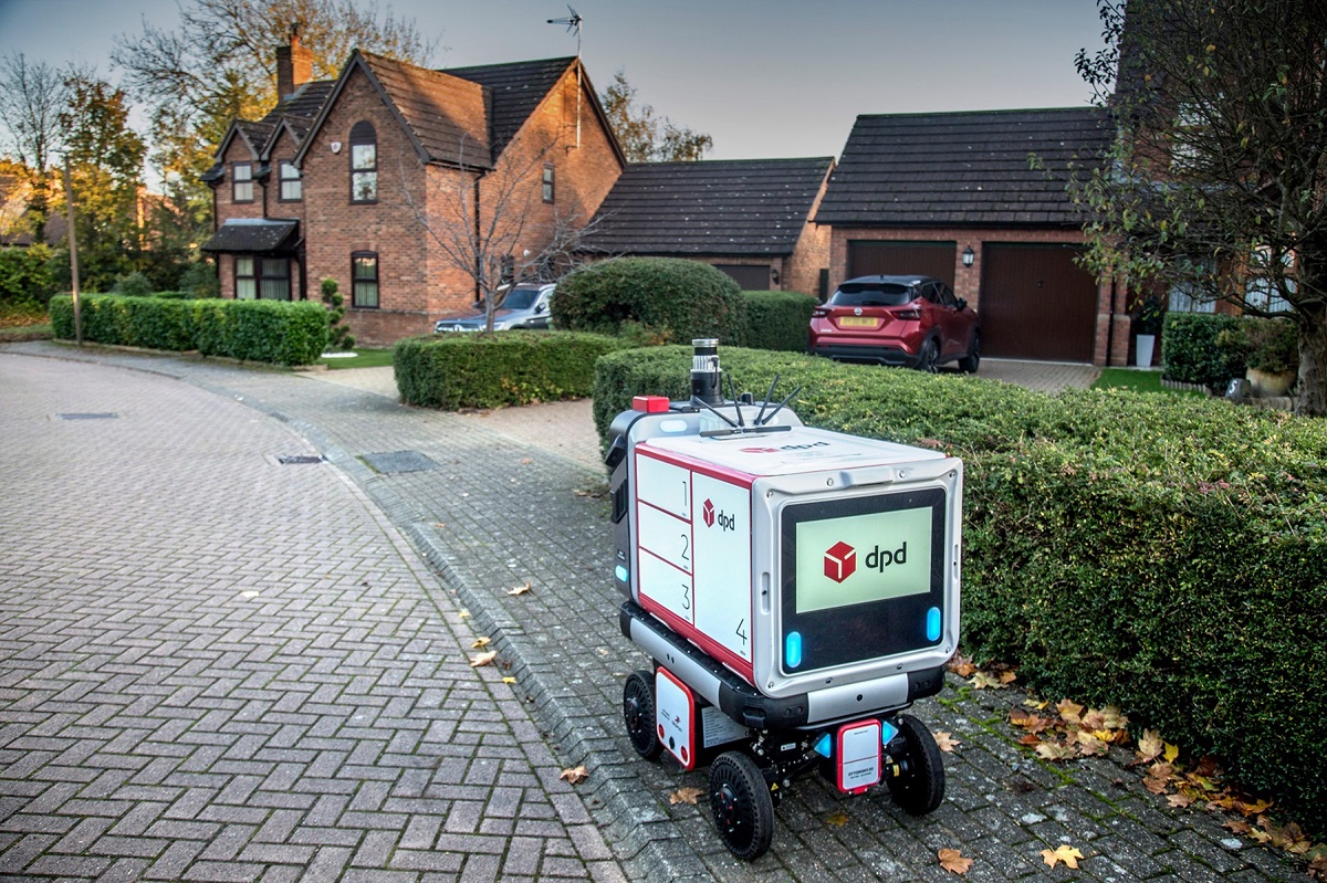 DPD UK's Ottobot 'parcel locker' robot on a delivery round